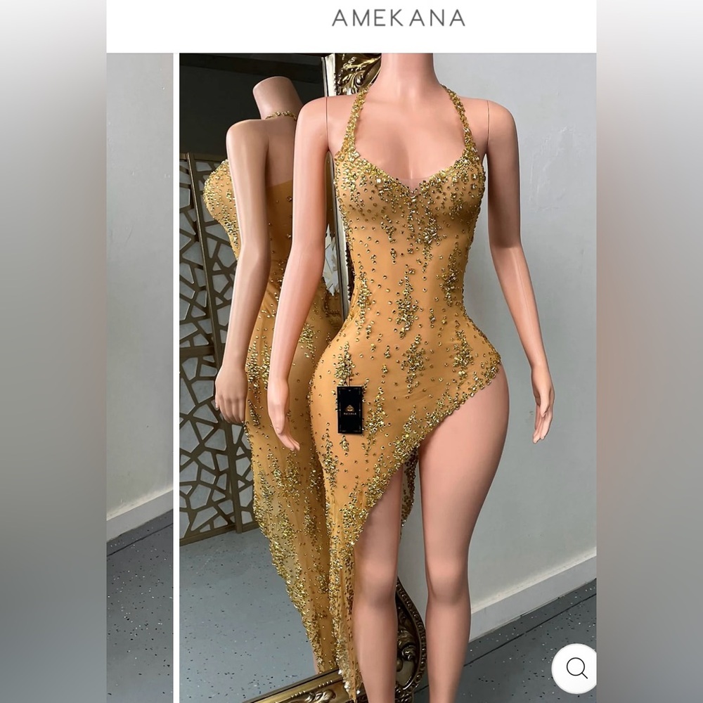 Amekana Asymmetrical Gold Embellished Dress